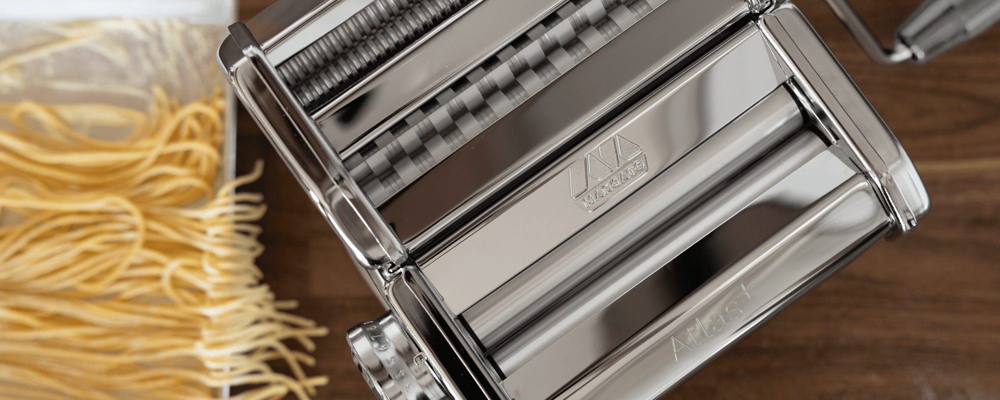 Close up shot of Marcato Atlas+ Chrome showing the Marcato logo and Atlas+ sign