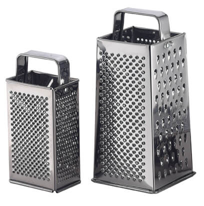 Stainless steel 4-side box grater shown in 18cm and 24cm sizes for size comparison