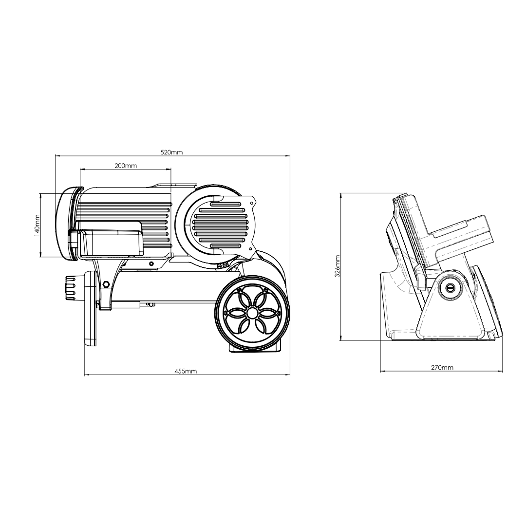 Technical drawing of a Berkel Icon Line 170 food slicer with dimensions labeled