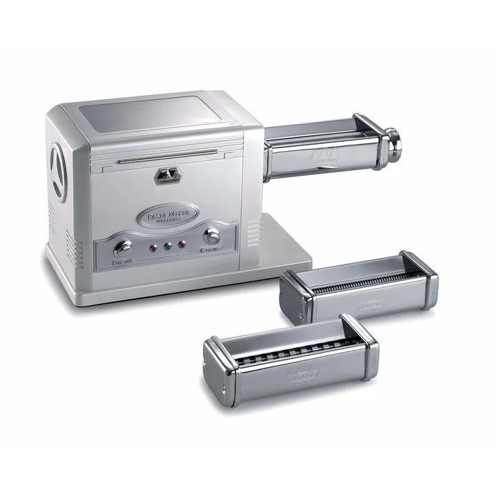Pasta maker with attachments on a white background
