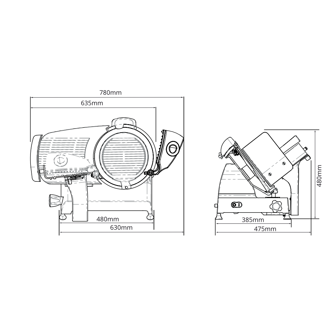 Technical drawing of a Berkel Red Line 300 food slicer showing dimensions