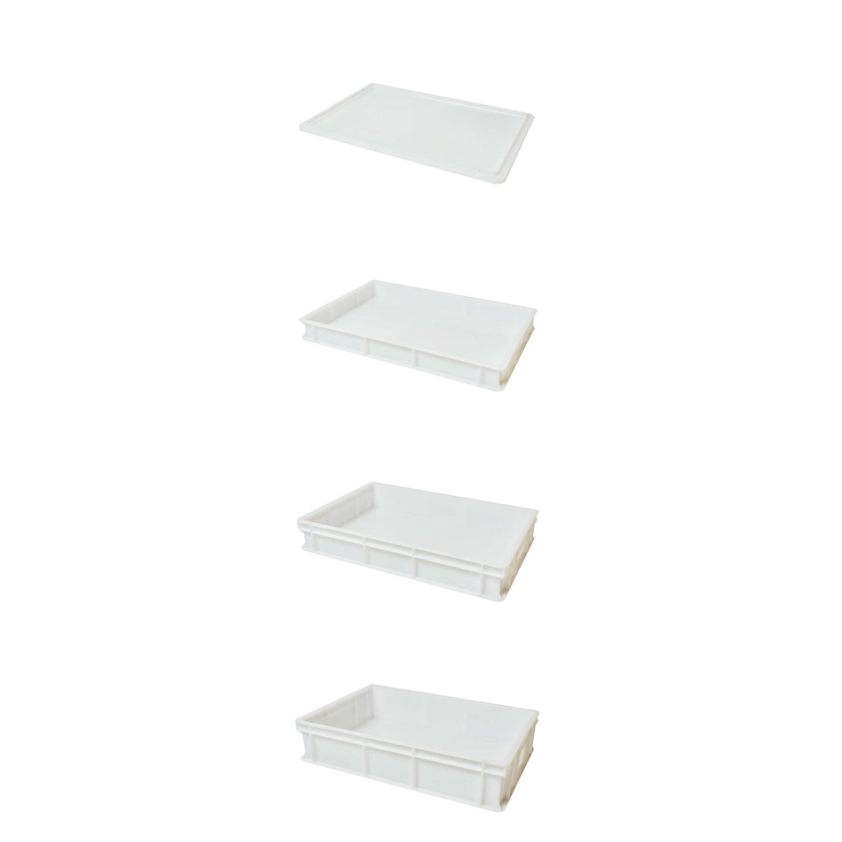Multiple white pizza boxes and a lid showing they can be stacked