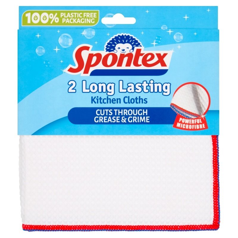 Spontex kitchen cloths packaging with a blue background and visible brand logo.