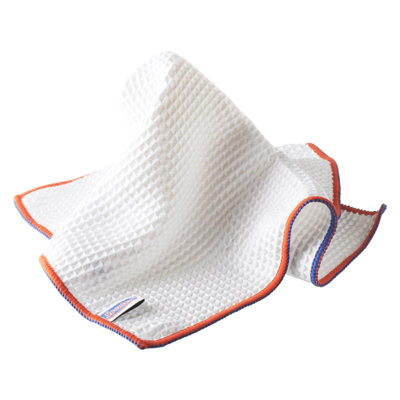 White Kitchen cloth with orange and blue border on a white background